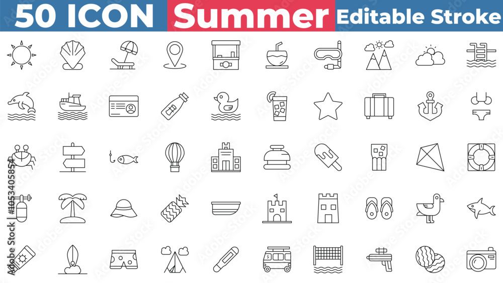 Summer icon collection set. Containing Camera, Shark, Location Pin, Coconut, Ice Cream, And More. Editable stroke outline icon. Summer icon collection set. Containing Camera, Shark, Location Pin, Coconut, Ice Cream, And More. Editable stroke outline icon.