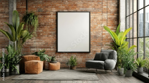 Fototapeta Naklejka Na Ścianę i Meble -  Industrial loft with a blank poster on the brick wall.