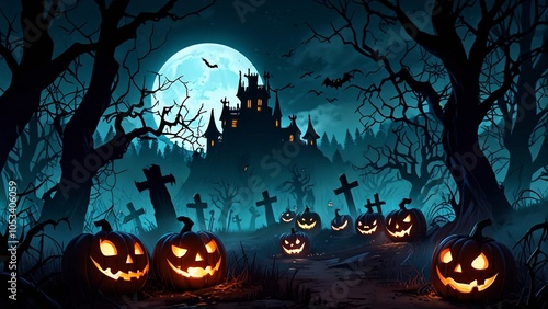 Halloween background with pumpkins and full moon at night