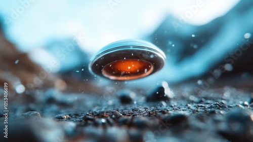 A sleek flying saucer glides effortlessly above a snow-dusted terrain against a backdrop of majestic mountains, presenting a fusion of alien and earthly beauty. photo