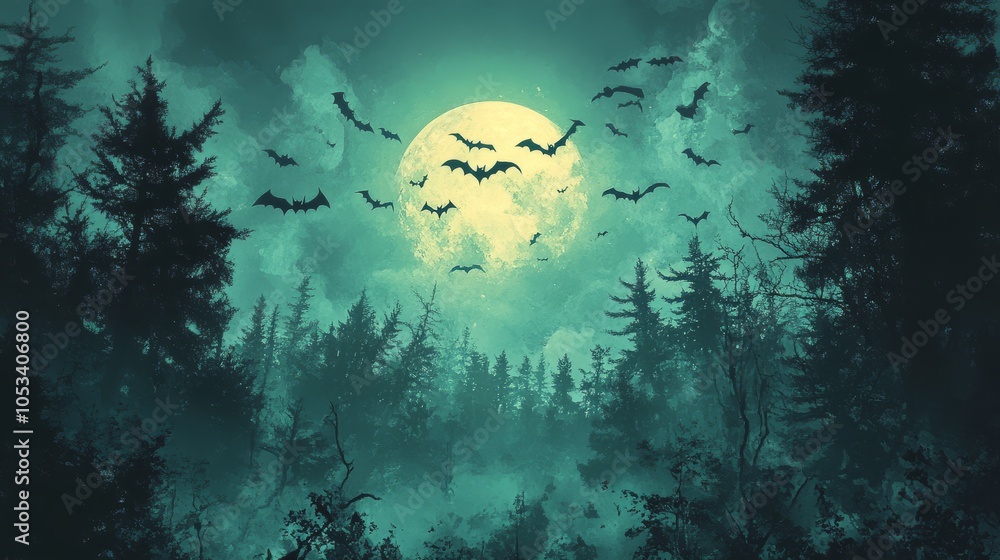 Obraz premium Spooky Halloween Night with Bats and Full Moon