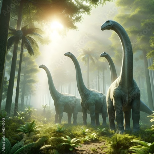 portrait of Brachiosaurus Group at prehistoric forest