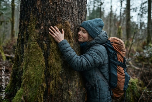 A woman is hugging a tree with her hand