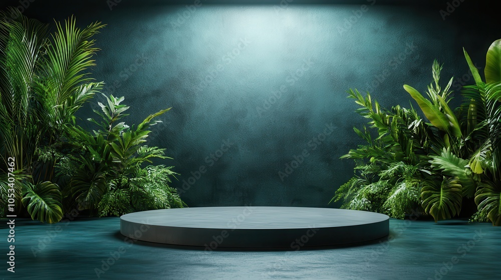 A round platform is elegantly framed by vibrant tropical foliage under a focused beam of light, creating a serene and immersive environment that captivates the viewer. A round platform is elegantly framed by vibrant tropical foliage under a focused beam of light, creating a serene and immersive environment that captivates the viewer.