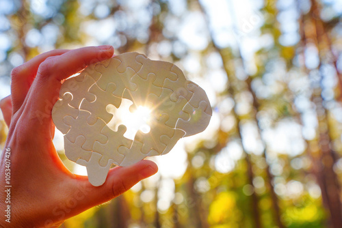 Holding Puzzle Piece Shaped Like Brain With Sunlight Background