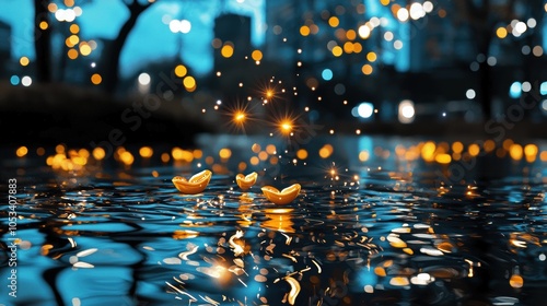 Golden Hearts Floating on Water at Night