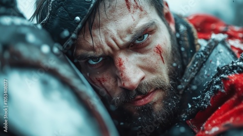 A contemplative knight, his face marked with battle wounds, stands amidst falling snow, demonstrating resilience and readiness in an unforgiving landscape. photo