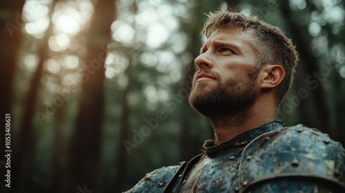 A contemplative knight stands amidst towering trees, casting his gaze to the horizon, embodying reflection and resolve in a mystical woodland landscape.