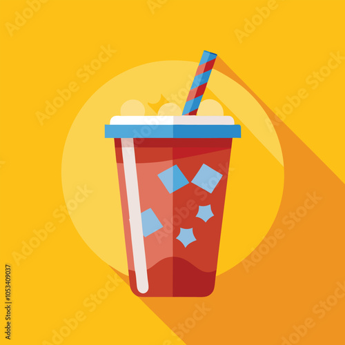A red, flat design illustration of a soda cup with a straw.