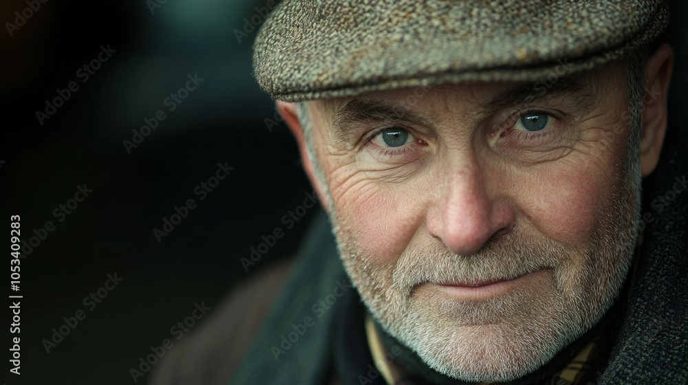 Middle-aged Irish man with a tweed cap and a friendly face. Middle-aged Irish man with a tweed cap and a friendly face.