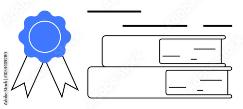 Blue ribbon representing excellence alongside two stacked books. Ideal for education, success, certification, achievement, learning, academic events, and recognition contexts. Banner for landing page