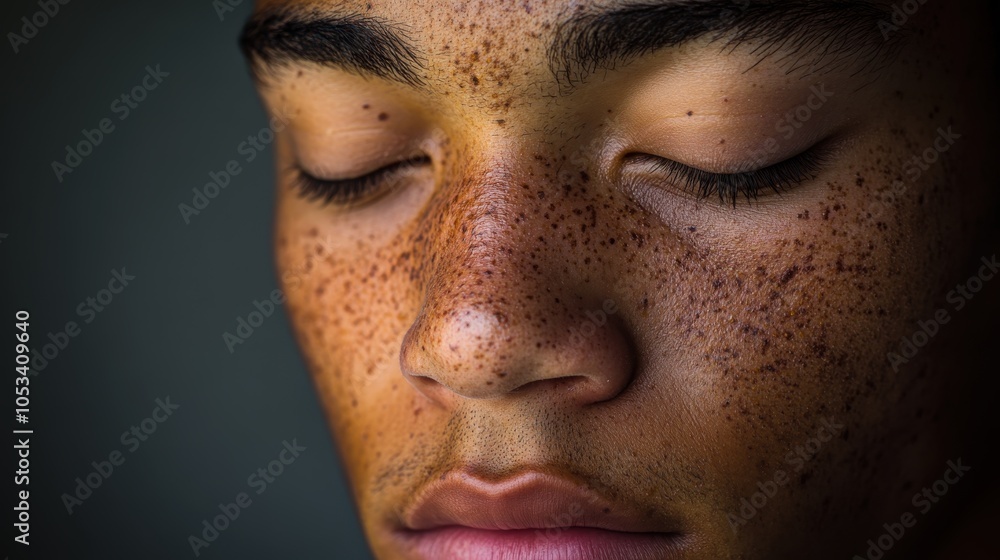 Fototapeta premium A young man gazes inward, his eyes closed and expression thoughtful. Soft lighting enhances his features, creating an intimate atmosphere filled with nostalgia and depth.