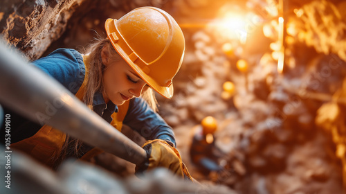 A young woman in a hard hat works in a mine, her face focused and determined.