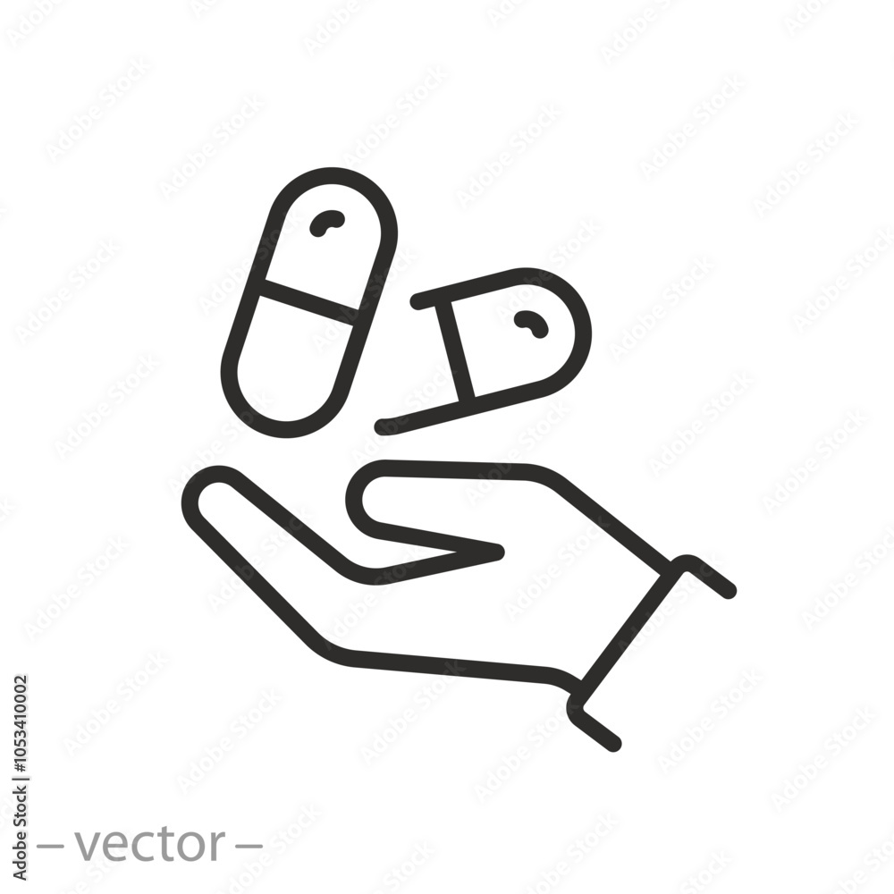 hand with pills icon, medical drugs treatment, thin line symbol - editable stroke vector illustration hand with pills icon, medical drugs treatment, thin line symbol - editable stroke vector illustration