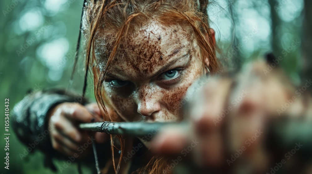 A fierce archer with a piercing gaze, mud-streaked face, holding a drawn bow and arrow, symbolizing focus and resolve amid a battle in a dense forest. A fierce archer with a piercing gaze, mud-streaked face, holding a drawn bow and arrow, symbolizing focus and resolve amid a battle in a dense forest.