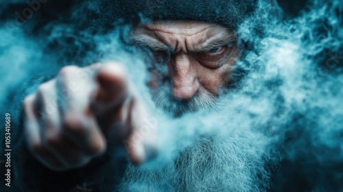 An intense-looking wizard gazes forward through swirling, mystical smoke, his deep-set eyes reflecting power, wisdom, and a sense of foreboding intrigue. photo