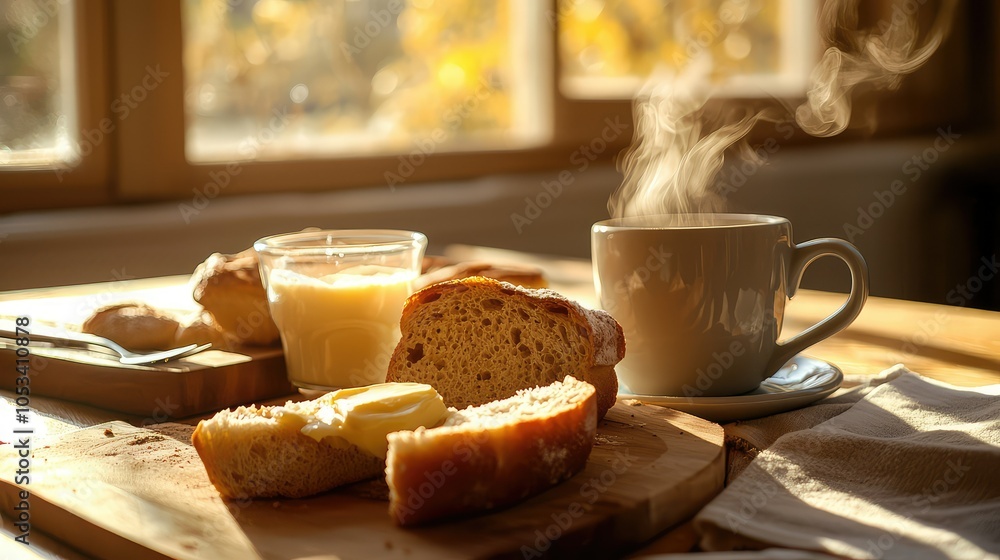 Serene Breakfast Table with Freshly Baked Bread Serene Breakfast Table with Freshly Baked Bread