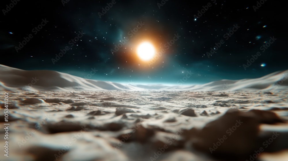 A desolate and alien landscape under a bright, glaring sun and a star-filled sky, evoking feelings of isolation, wonder, and the vastness of space. A desolate and alien landscape under a bright, glaring sun and a star-filled sky, evoking feelings of isolation, wonder, and the vastness of space.