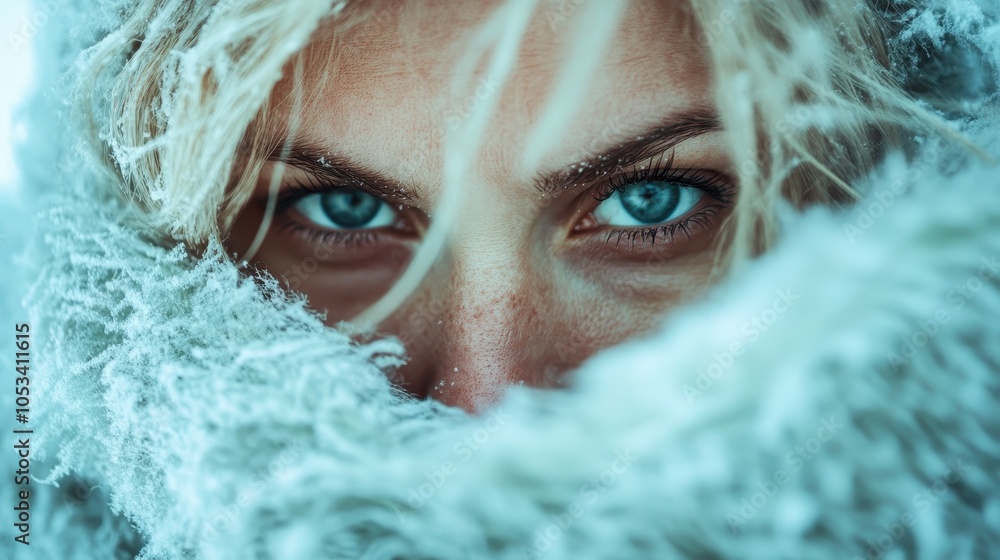 A stunning close-up of a person's piercing blue eyes peeking out from under a cozy fur hood, capturing the intense cold and beauty of winter's icy embrace. A stunning close-up of a person's piercing blue eyes peeking out from under a cozy fur hood, capturing the intense cold and beauty of winter's icy embrace.