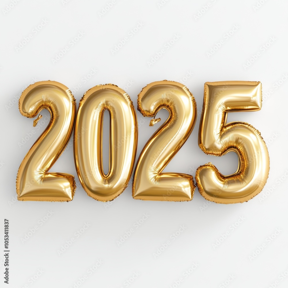 Happy New Year 2025. Golden realistic balloon numbers 2025 - cut out, white background Happy New Year 2025. Golden realistic balloon numbers 2025 - cut out, white background