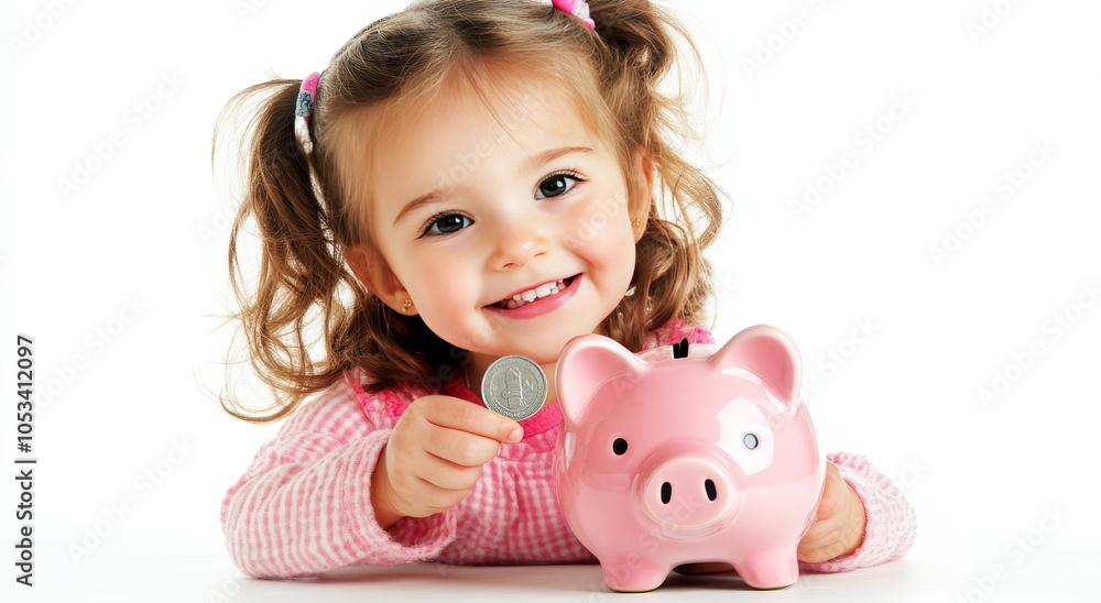 Child Saving Money in Pink Piggy Bank Child Saving Money in Pink Piggy Bank
