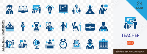 Teacher solid vector icon set. containing lesson, class, school, professor, tutor, coach, guide, lecturer and more vector design