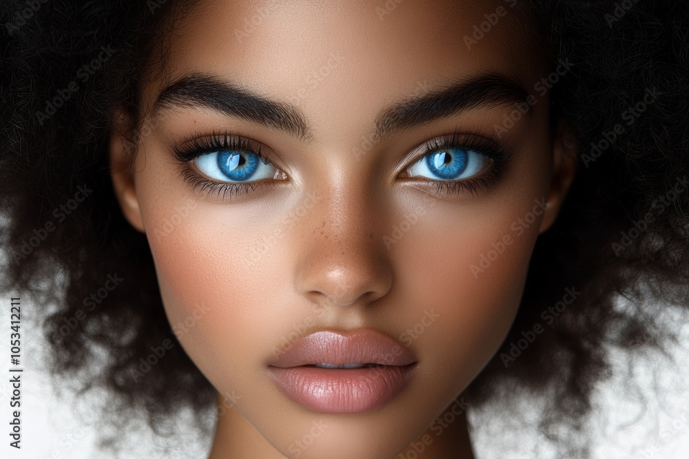 Woman with dark hair and blue eyes. She has a nice smile, her eyes are open wide. woman face, half is a beautiful model white woman with blue eyes, half is a beautiful model black woman with afro hair Woman with dark hair and blue eyes. She has a nice smile, her eyes are open wide. woman face, half is a beautiful model white woman with blue eyes, half is a beautiful model black woman with afro hair