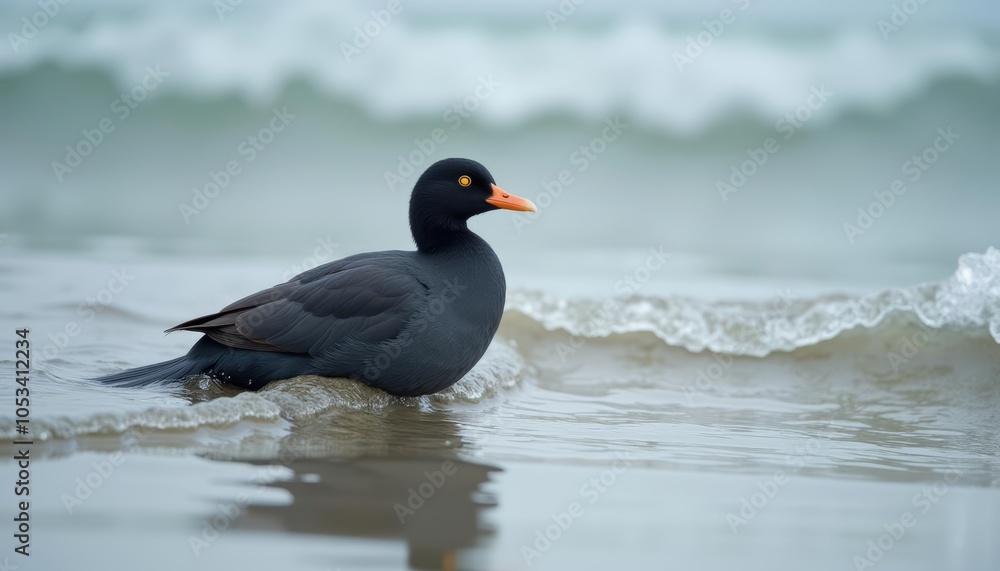 Peaceful moment at the beach with a black and orange duck Peaceful moment at the beach with a black and orange duck