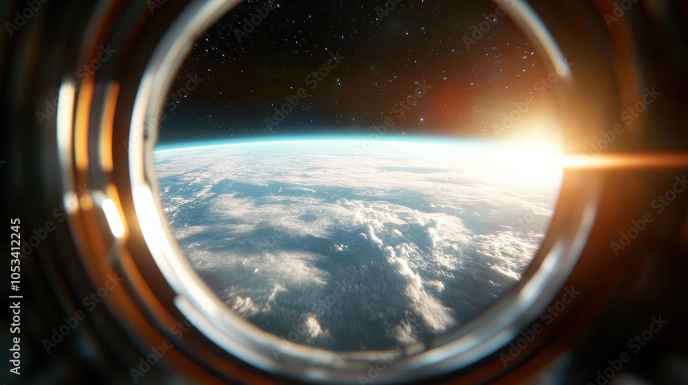 A breathtaking view of Earth as seen from a spacecraft window, highlighting the planet's blue and white hues with a serene sunrise in the distance. A breathtaking view of Earth as seen from a spacecraft window, highlighting the planet's blue and white hues with a serene sunrise in the distance.
