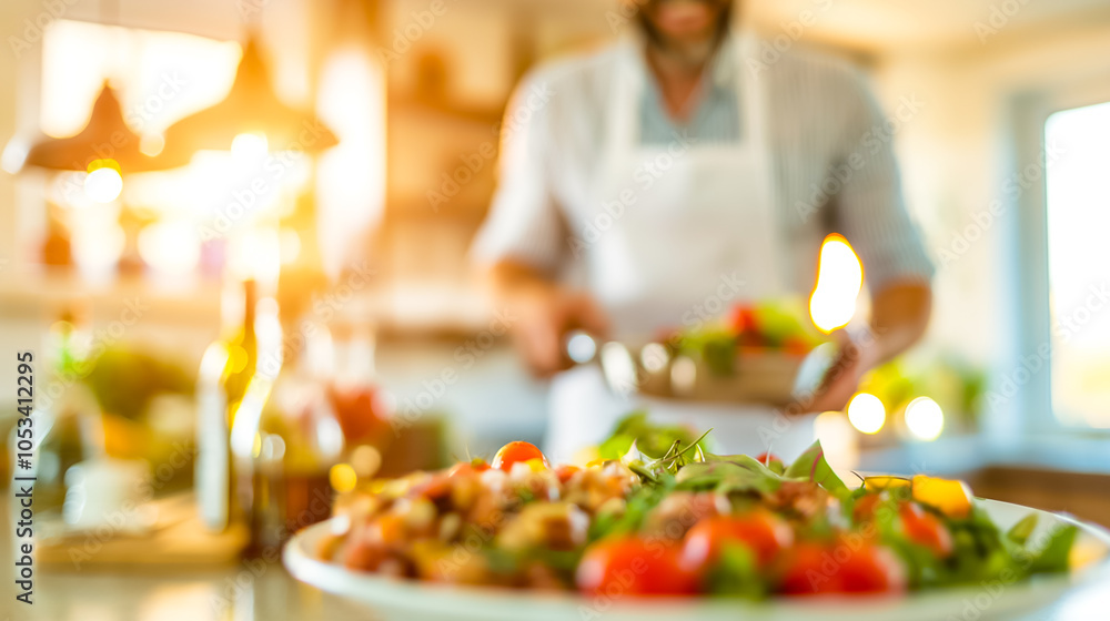 In a bright kitchen filled with natural light, a chef skillfully arranges colorful salads, showcasing the freshness of seasonal ingredients while preparing a hearty meal In a bright kitchen filled with natural light, a chef skillfully arranges colorful salads, showcasing the freshness of seasonal ingredients while preparing a hearty meal