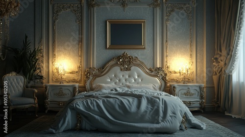 Lavish bedroom with an empty pearl picture frame.