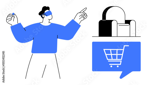 Person with VR headset interacting, armchair icon, and shopping cart inside speech bubble. Ideal for virtual reality, online shopping, e-commerce, technology, future retail, digital experiences