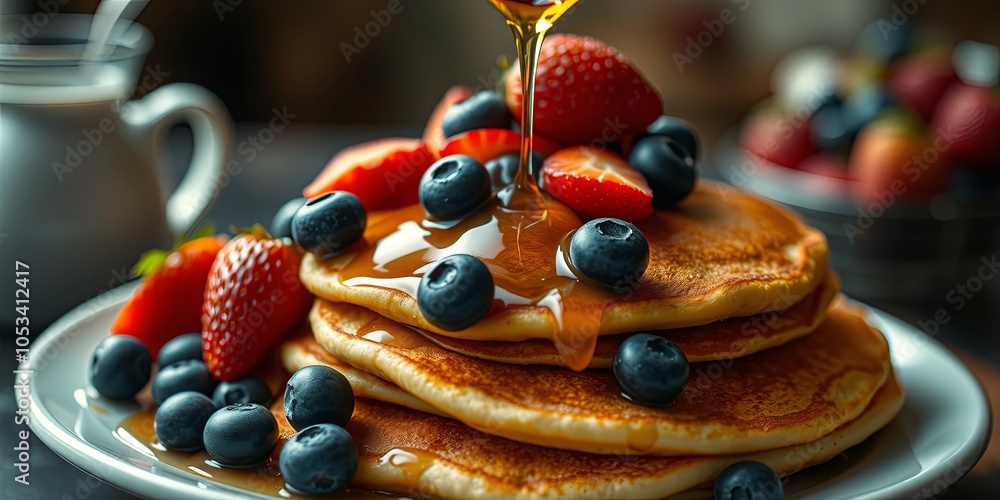 A stack of golden brown pancakes drizzled with syrup, adorned with fresh blueberries and strawberries, a culinary masterpiece of sweet indulgence. A stack of golden brown pancakes drizzled with syrup, adorned with fresh blueberries and strawberries, a culinary masterpiece of sweet indulgence.