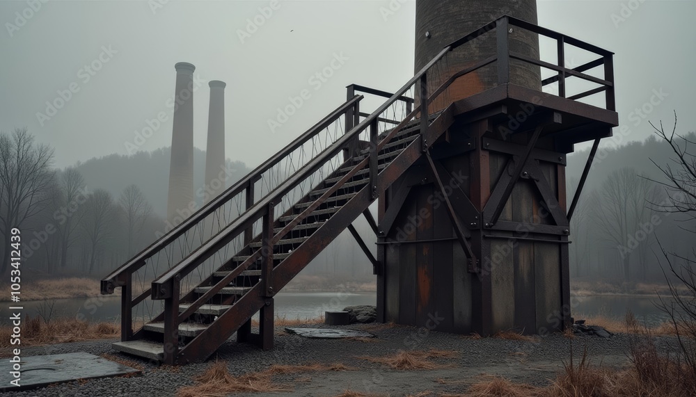 Abandoned industrial relic in foggy wilderness Abandoned industrial relic in foggy wilderness