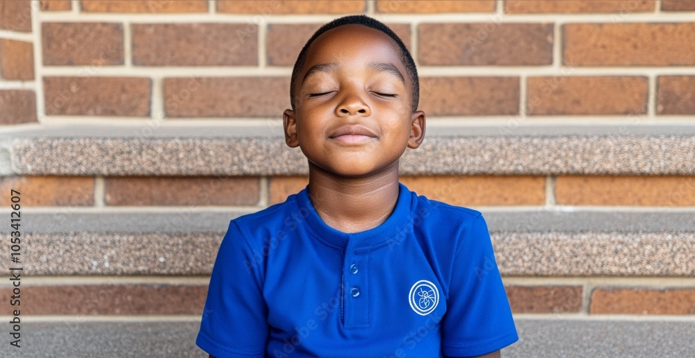 Young boy is sitting on a brick step with his eyes closed. black child sitting peacefully in a quiet place, eyes closed, smiling taking deep breaths. wearing a blue school uniform shirt Young boy is sitting on a brick step with his eyes closed. black child sitting peacefully in a quiet place, eyes closed, smiling taking deep breaths. wearing a blue school uniform shirt