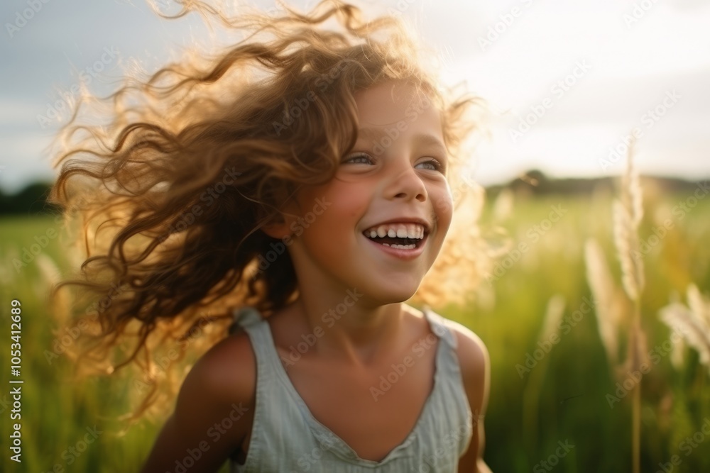Portrait of a beautiful little girl with flying hair in the field Portrait of a beautiful little girl with flying hair in the field