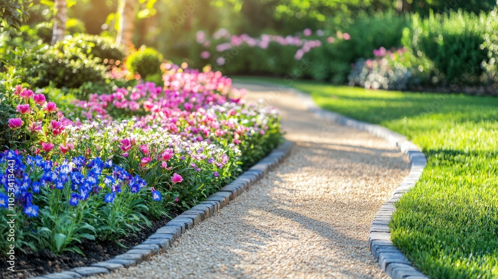 A wide shot of a flower bed bordered by a pathway, inviting visitors to explore A wide shot of a flower bed bordered by a pathway, inviting visitors to explore