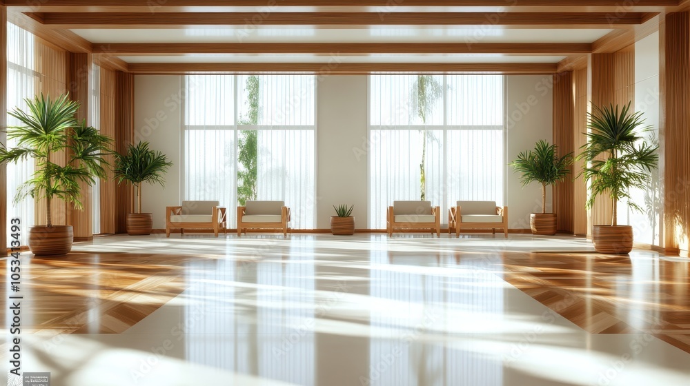A spacious modern lobby with large windows allowing natural light to flood in, wooden accents, green plants, and minimalistic chairs for a serene atmosphere. A spacious modern lobby with large windows allowing natural light to flood in, wooden accents, green plants, and minimalistic chairs for a serene atmosphere.