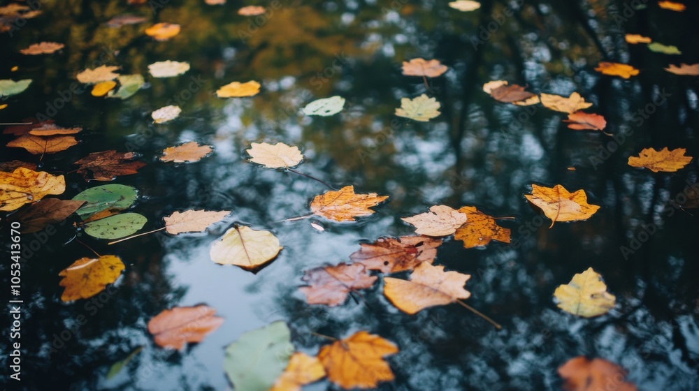 Leaves floating in a woodland pond Leaves floating in a woodland pond