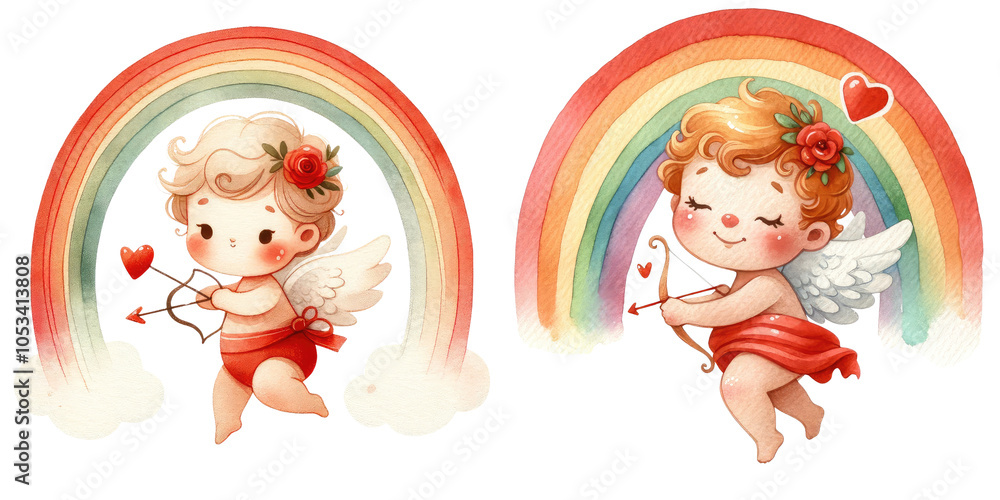 Two cute cherubic angels with hearts under vibrant rainbows, evoking love and joy in a whimsical, cheerful style., transparent background. Two cute cherubic angels with hearts under vibrant rainbows, evoking love and joy in a whimsical, cheerful style., transparent background.