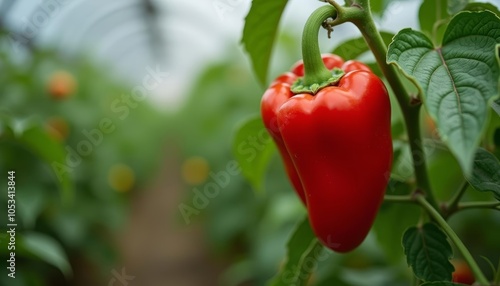  Bright red bell pepper in a lush garden