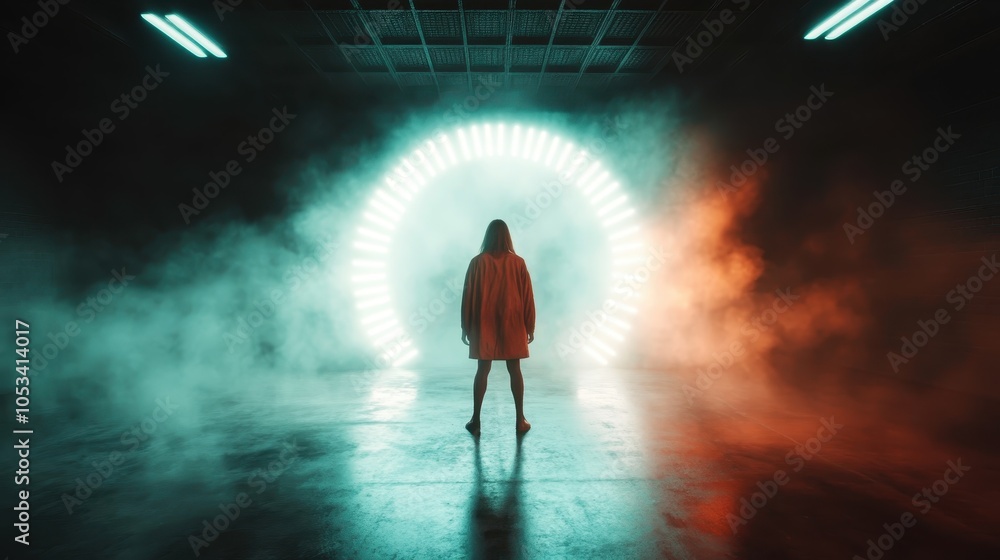 A person stands at the center of a room facing a radial light display, enveloped by mist, capturing a sense of transformation or enlightenment. A person stands at the center of a room facing a radial light display, enveloped by mist, capturing a sense of transformation or enlightenment.