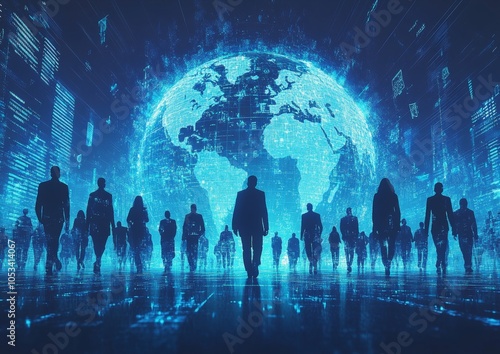 A group of people are standing on a blue surface with a globe in the background photo