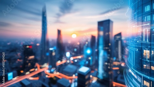  Futuristic blurred cityscape at sunset, with glowing lights and digital reflections on glass buildings, representing urban technology, smart cities, and digital transformation #1053414261