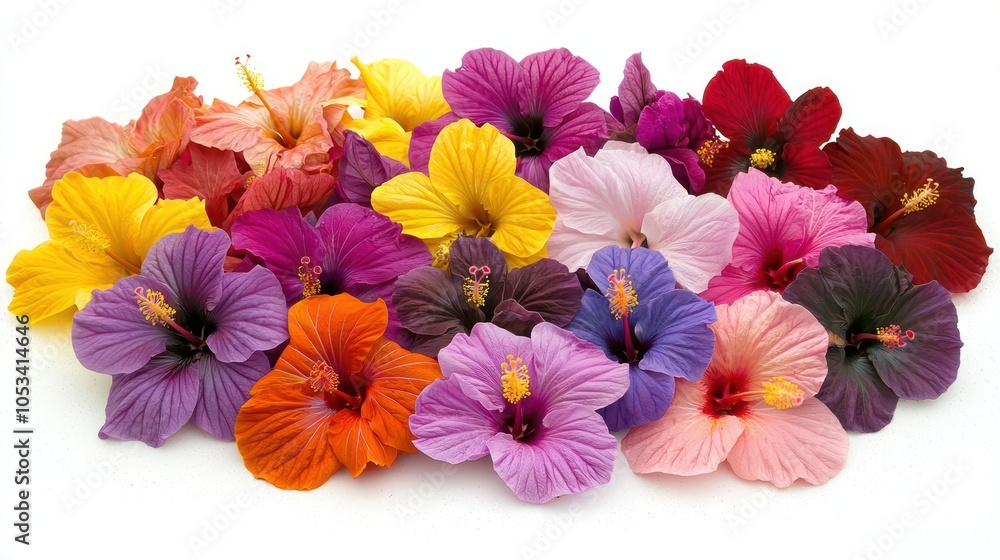 An arrangement of hibiscus flowers in various colors for a lively centerpiece An arrangement of hibiscus flowers in various colors for a lively centerpiece