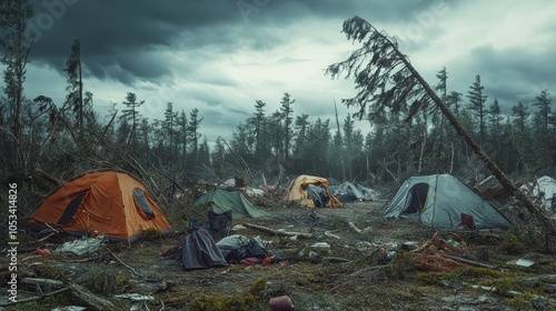 A post-tornado scene where a forest has been completely uprooted, with trees lying in tangled heaps, and a nearby campsite destroyed