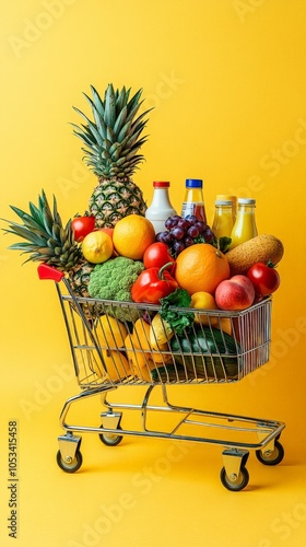 Full Shopping Cart with Fresh Groceries on Bright Yellow Background