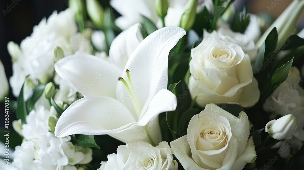 A bouquet of various white flowers, including roses and lilies, arranged elegantly A bouquet of various white flowers, including roses and lilies, arranged elegantly