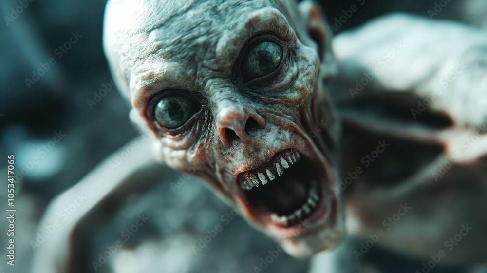 An eerie humanoid creature with pale skin and large eyes, depicting fear and horror. The intensity in its scream causes an unsettling atmosphere. An eerie humanoid creature with pale skin and large eyes, depicting fear and horror. The intensity in its scream causes an unsettling atmosphere.