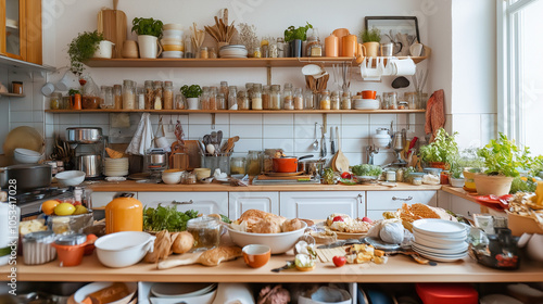 Wallpaper Mural A messy kitchen counter with dishes, food, and plants. Torontodigital.ca